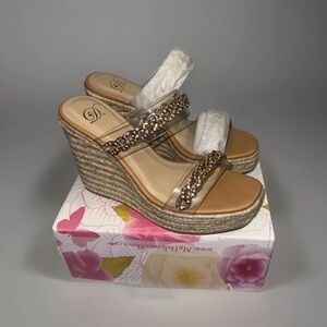 Delicious Tan Beaded Wedge Sandals size 8